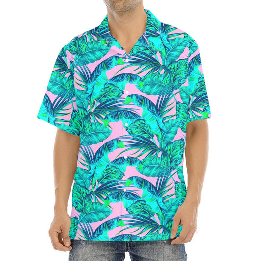 Pink Teal Tropical Leaf Pattern Print Aloha Shirt