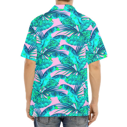 Pink Teal Tropical Leaf Pattern Print Aloha Shirt