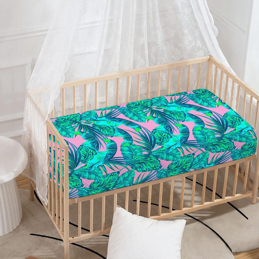 Pink Teal Tropical Leaf Pattern Print Baby Crib Sheet
