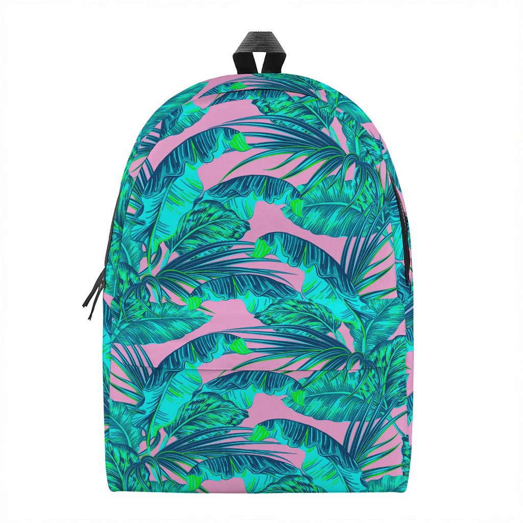 Pink Teal Tropical Leaf Pattern Print Backpack
