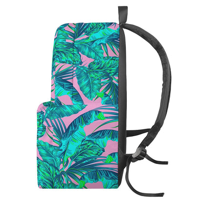 Pink Teal Tropical Leaf Pattern Print Backpack