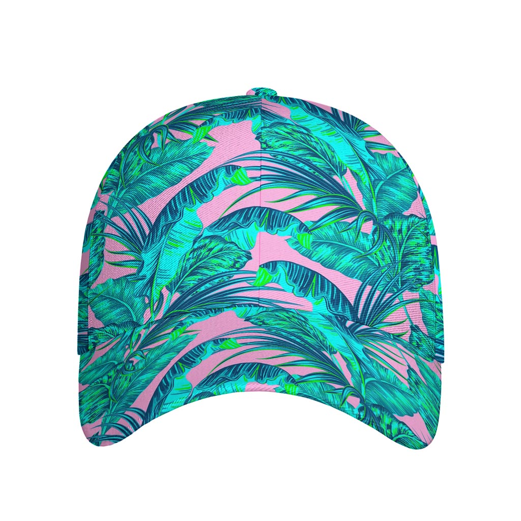 Pink Teal Tropical Leaf Pattern Print Baseball Cap