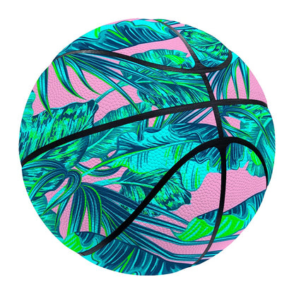 Pink Teal Tropical Leaf Pattern Print Basketball
