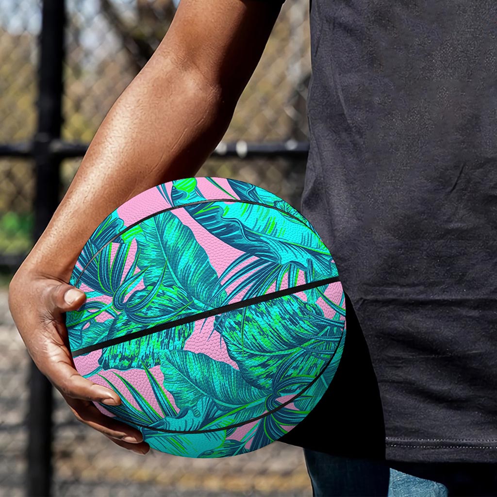 Pink Teal Tropical Leaf Pattern Print Basketball