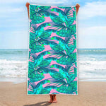 Pink Teal Tropical Leaf Pattern Print Beach Towel