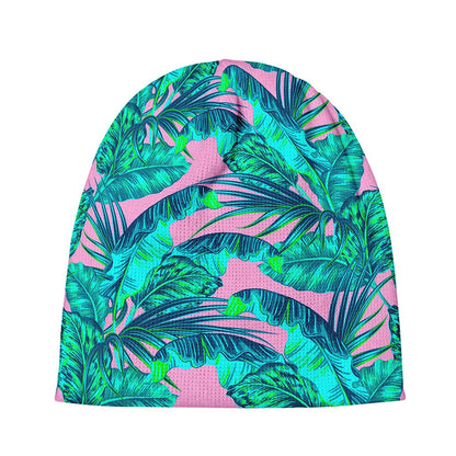 Pink Teal Tropical Leaf Pattern Print Beanie