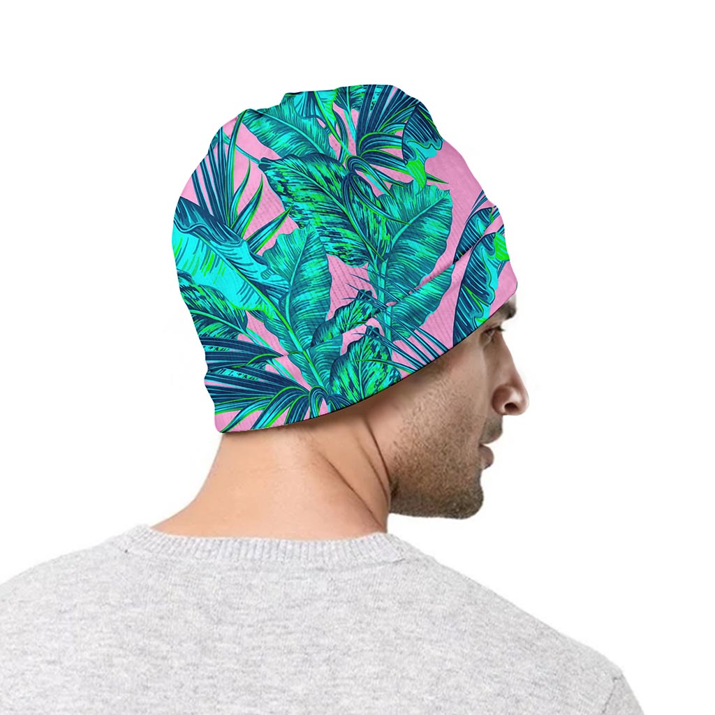 Pink Teal Tropical Leaf Pattern Print Beanie