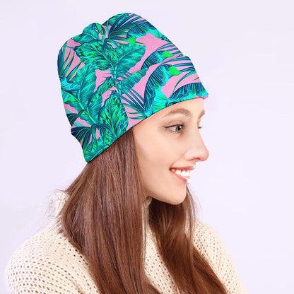 Pink Teal Tropical Leaf Pattern Print Beanie