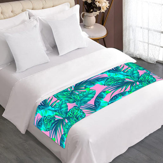 Pink Teal Tropical Leaf Pattern Print Bed Runner