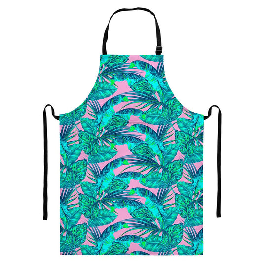 Pink Teal Tropical Leaf Pattern Print Bib Apron With Pocket
