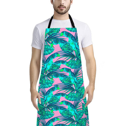 Pink Teal Tropical Leaf Pattern Print Bib Apron With Pocket