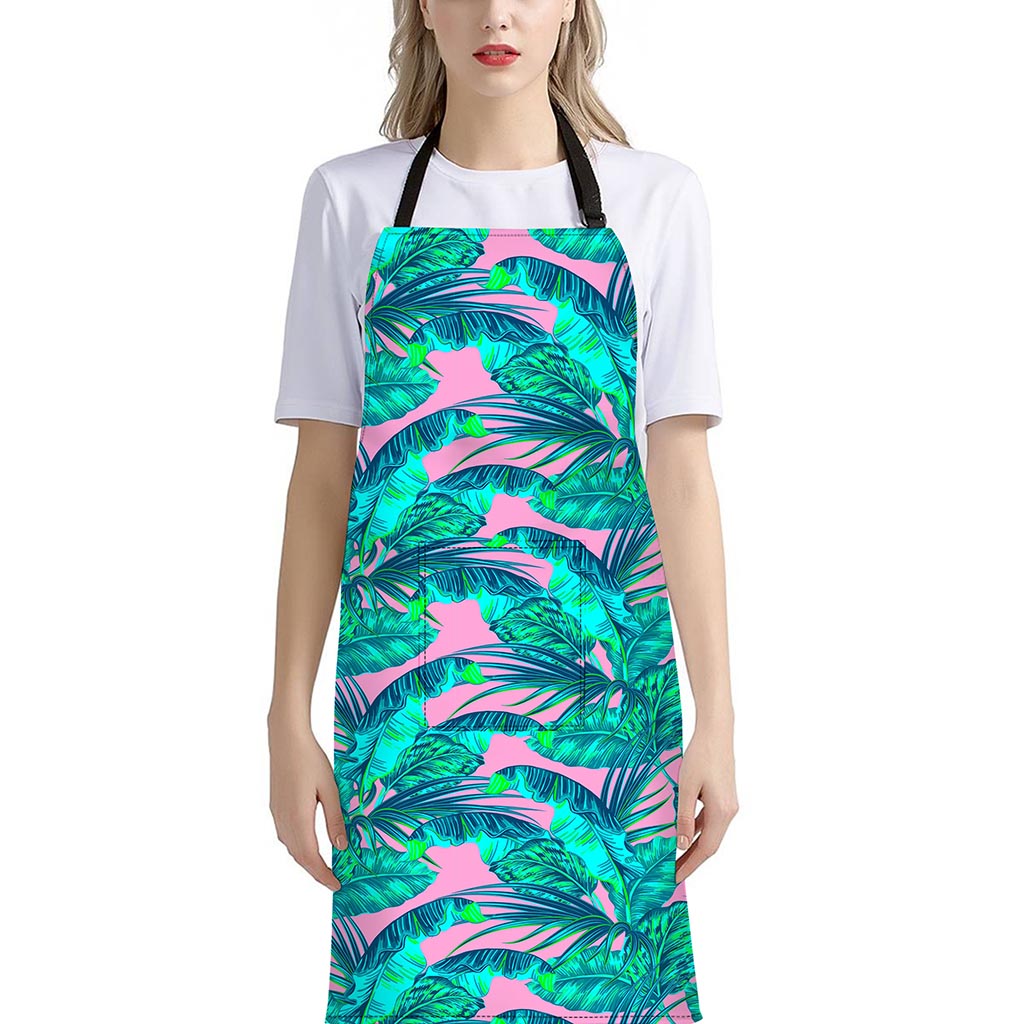 Pink Teal Tropical Leaf Pattern Print Bib Apron With Pocket