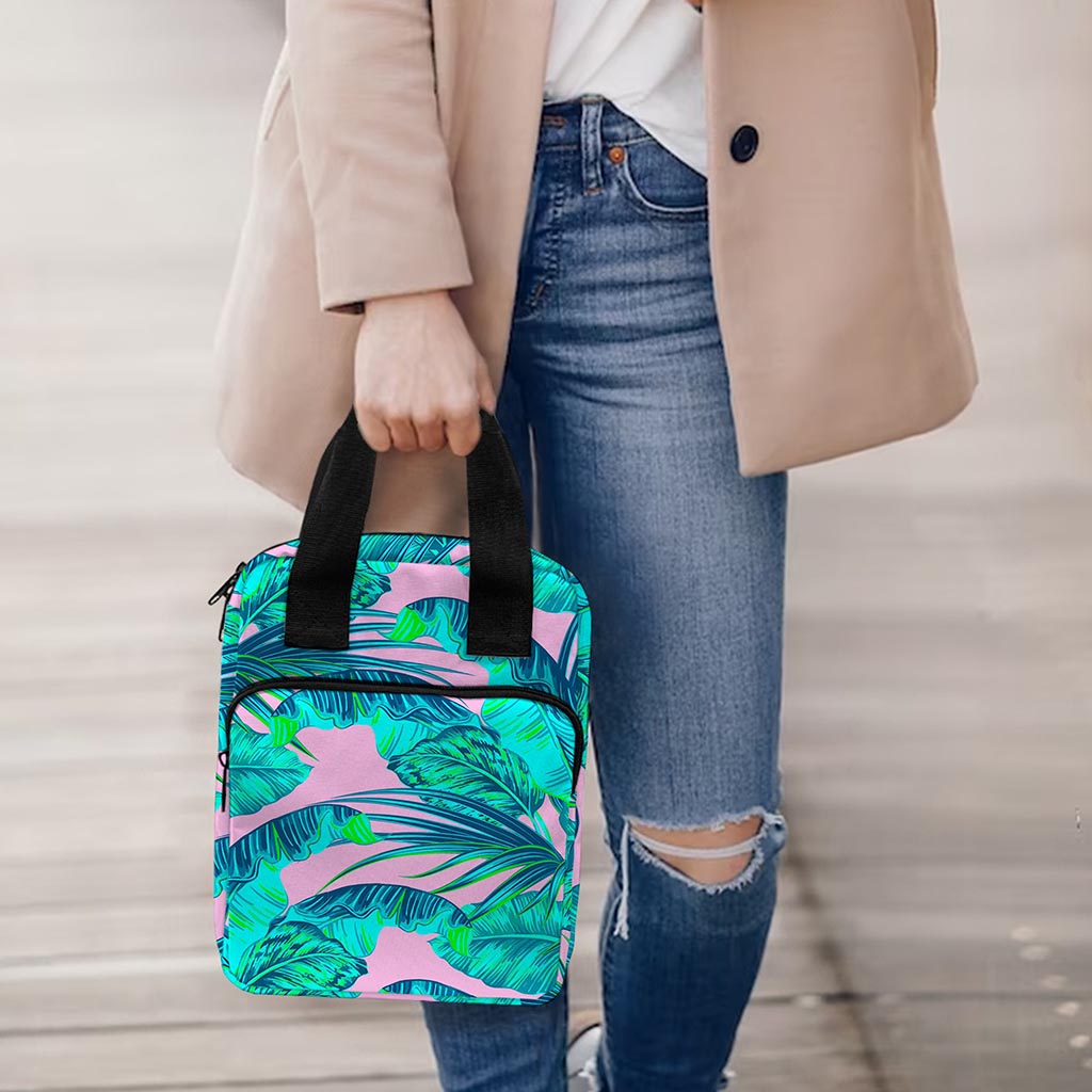 Pink Teal Tropical Leaf Pattern Print Bible Tote Bag