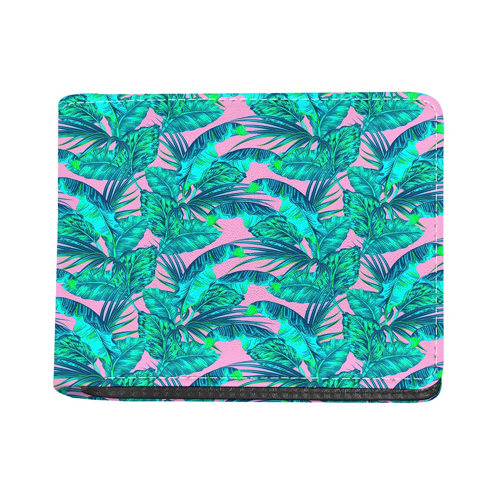 Pink Teal Tropical Leaf Pattern Print Bifold Wallet
