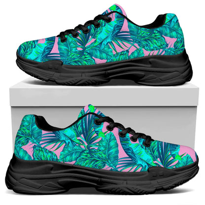Pink Teal Tropical Leaf Pattern Print Black Chunky Shoes