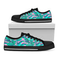 Pink Teal Tropical Leaf Pattern Print Black Low Top Sneakers