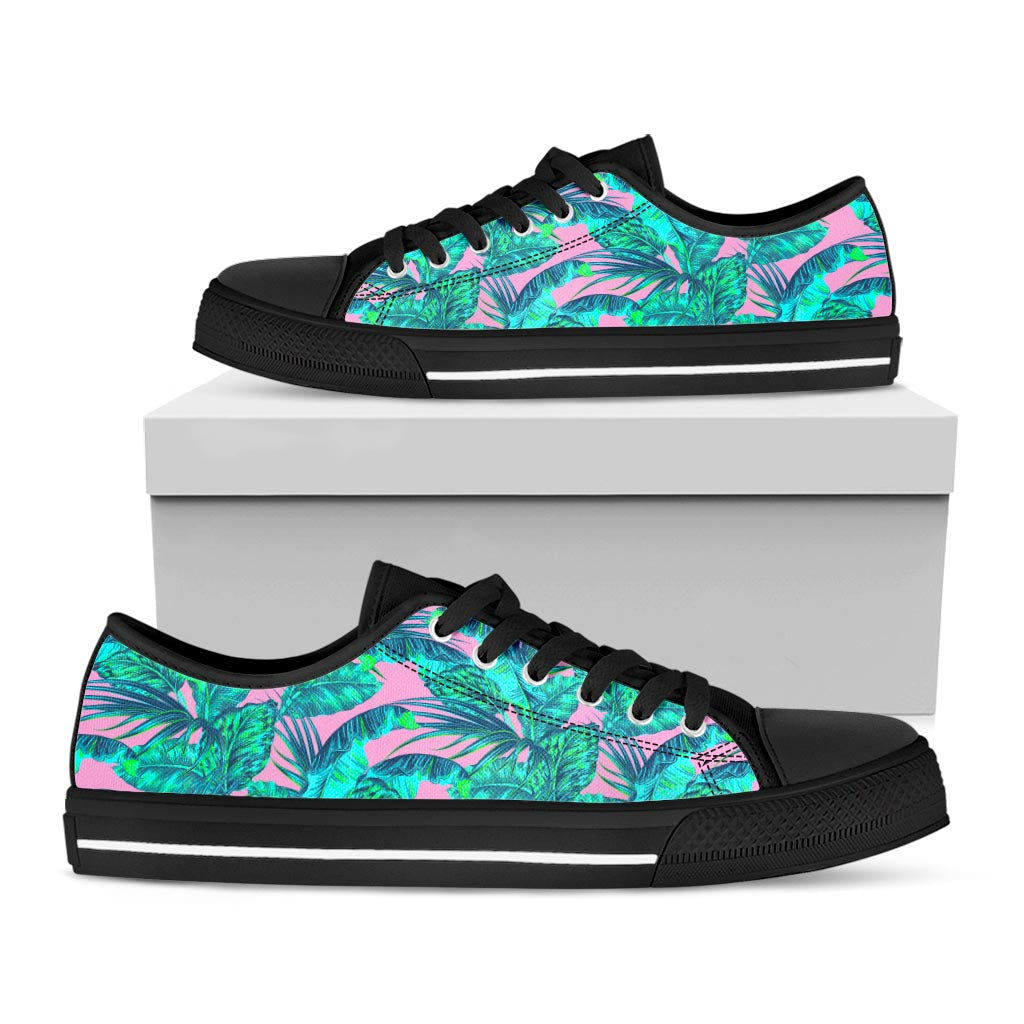 Pink Teal Tropical Leaf Pattern Print Black Low Top Sneakers