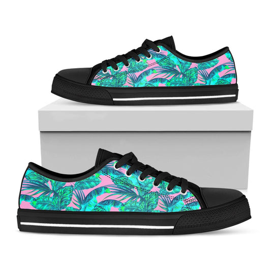 Pink Teal Tropical Leaf Pattern Print Black Low Top Sneakers
