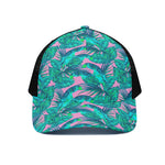 Pink Teal Tropical Leaf Pattern Print Black Mesh Trucker Cap
