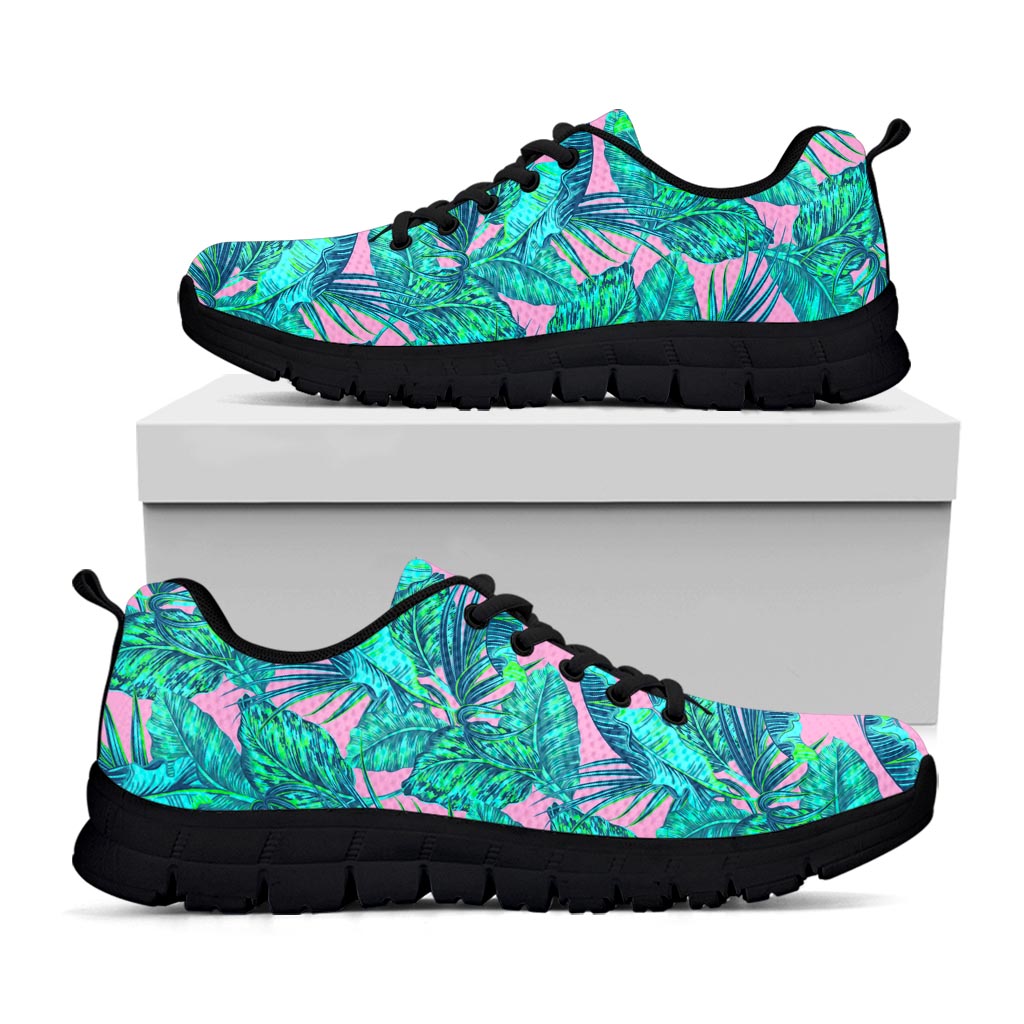 Pink Teal Tropical Leaf Pattern Print Black Running Shoes