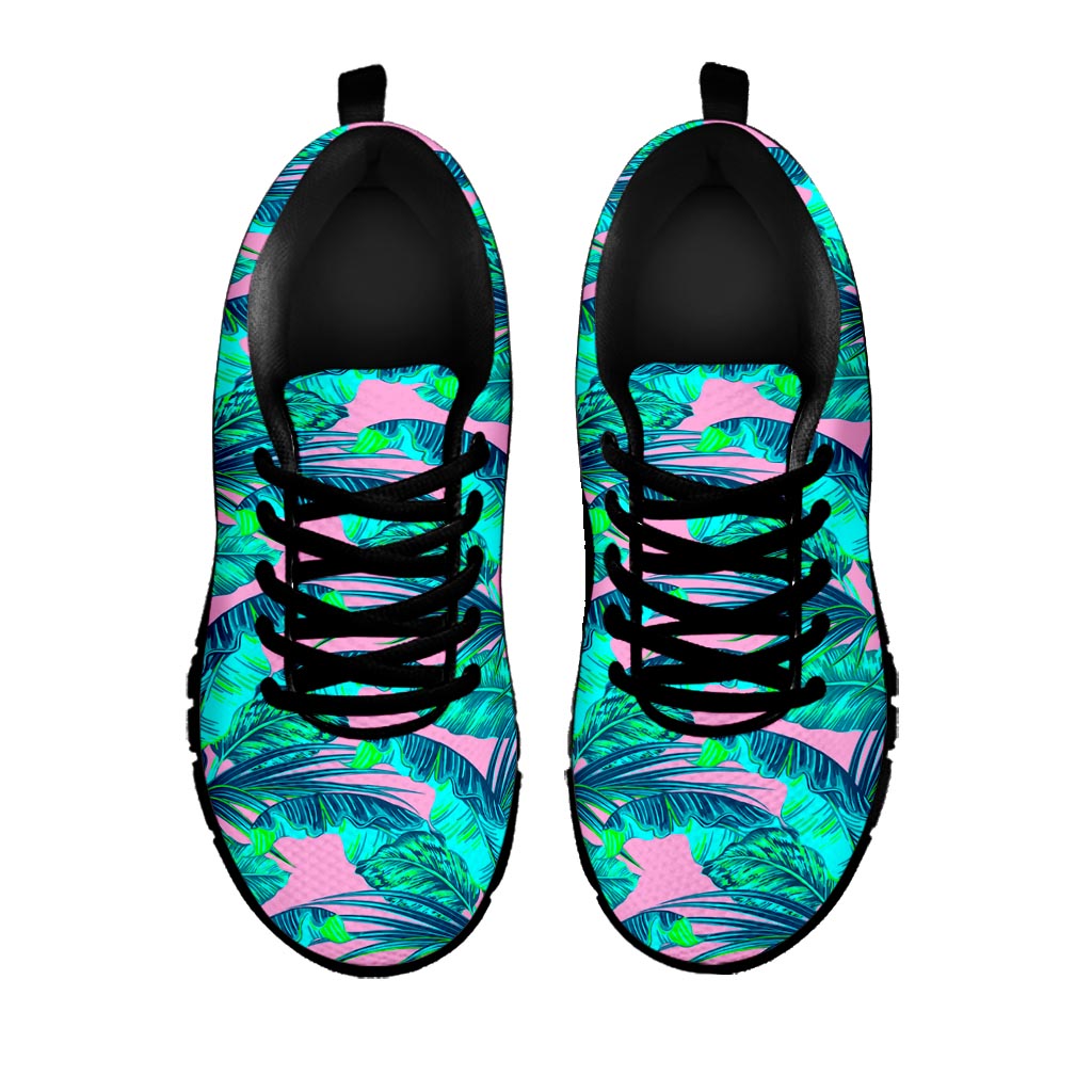 Pink Teal Tropical Leaf Pattern Print Black Running Shoes