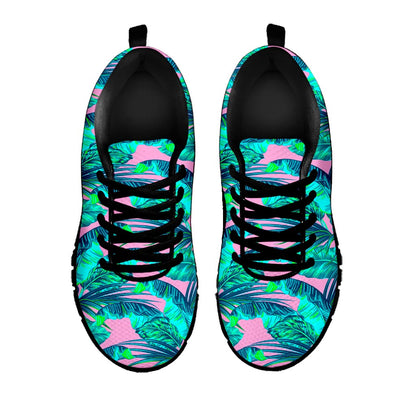 Pink Teal Tropical Leaf Pattern Print Black Running Shoes