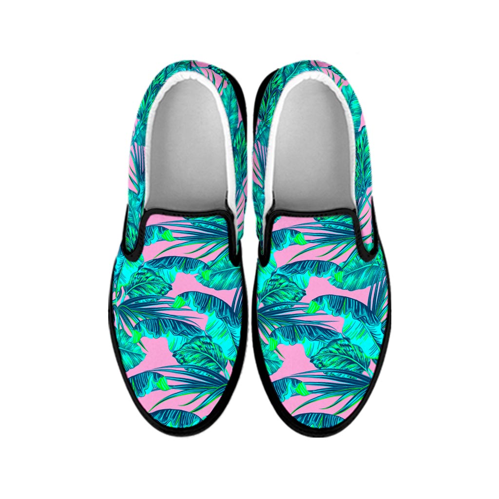 Pink Teal Tropical Leaf Pattern Print Black Slip On Sneakers