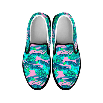 Pink Teal Tropical Leaf Pattern Print Black Slip On Sneakers
