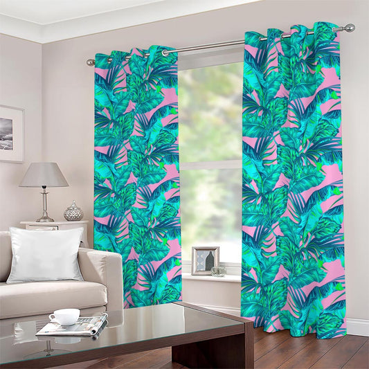 Pink Teal Tropical Leaf Pattern Print Blackout Grommet Curtains