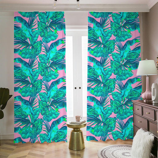 Pink Teal Tropical Leaf Pattern Print Blackout Pencil Pleat Curtains