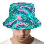 Pink Teal Tropical Leaf Pattern Print Bucket Hat