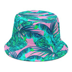 Pink Teal Tropical Leaf Pattern Print Bucket Hat