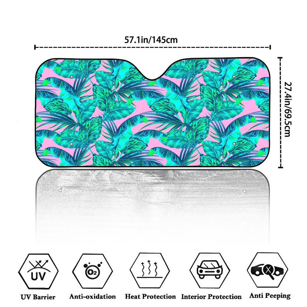 Pink Teal Tropical Leaf Pattern Print Car Windshield Sun Shade