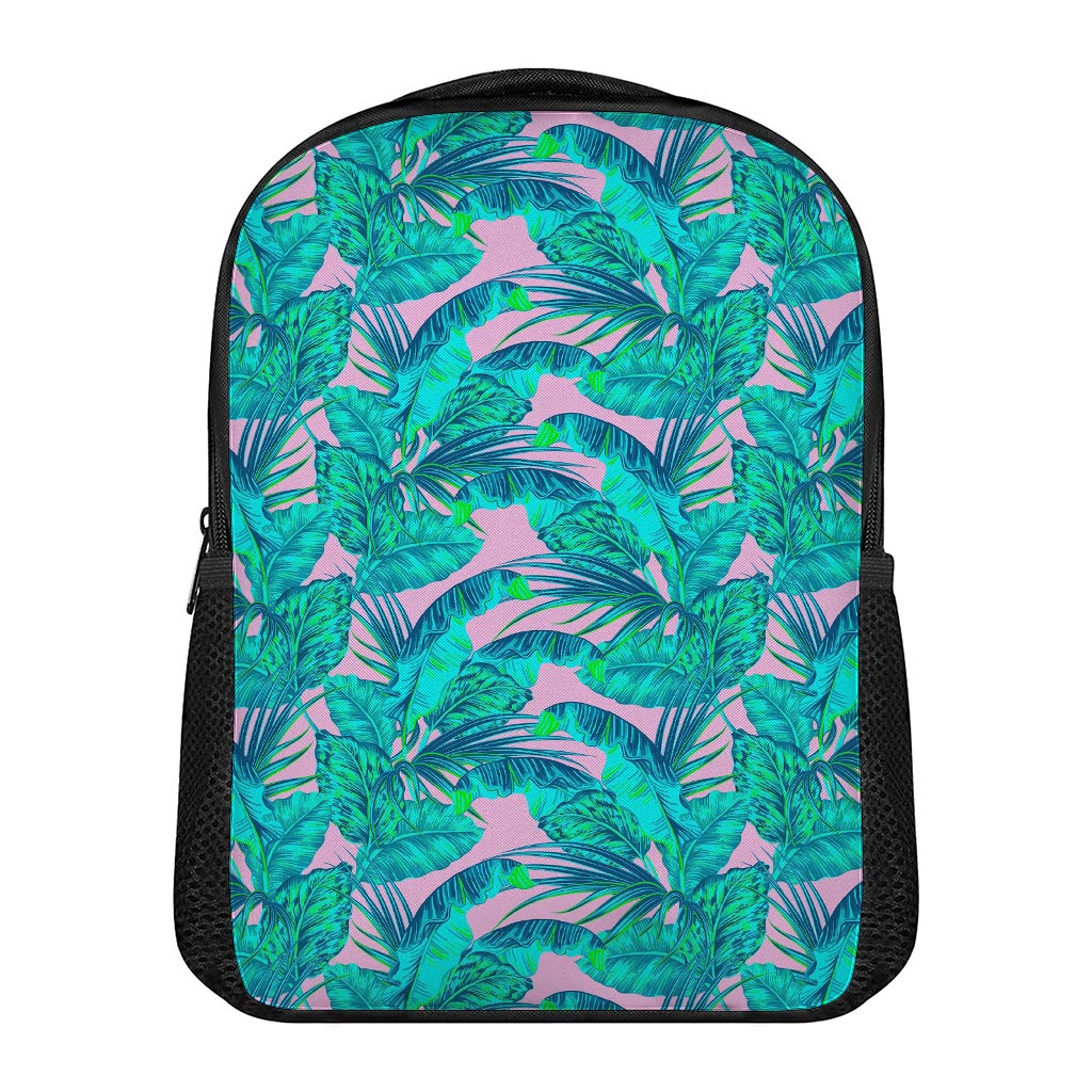 Pink Teal Tropical Leaf Pattern Print Casual Backpack
