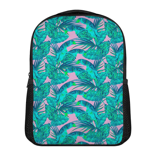 Pink Teal Tropical Leaf Pattern Print Casual Backpack