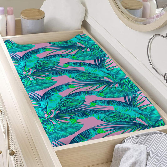 Pink Teal Tropical Leaf Pattern Print Changing Pad Cover