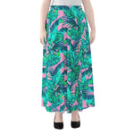 Pink Teal Tropical Leaf Pattern Print Chiffon Maxi Skirt