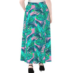 Pink Teal Tropical Leaf Pattern Print Chiffon Maxi Skirt