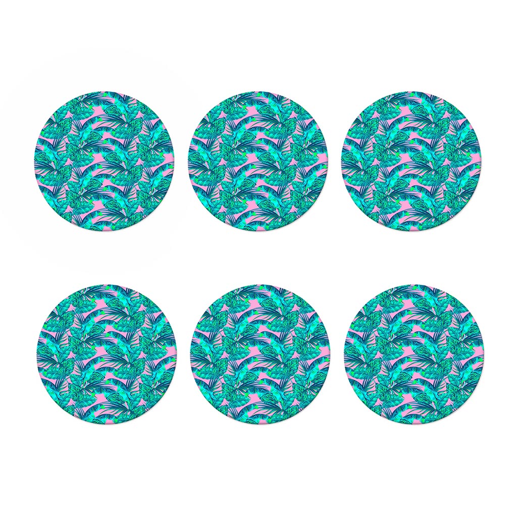 Pink Teal Tropical Leaf Pattern Print Coaster Set