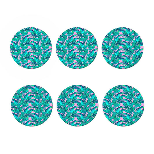 Pink Teal Tropical Leaf Pattern Print Coaster Set