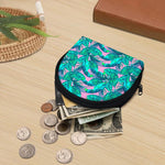 Pink Teal Tropical Leaf Pattern Print Coin Purse