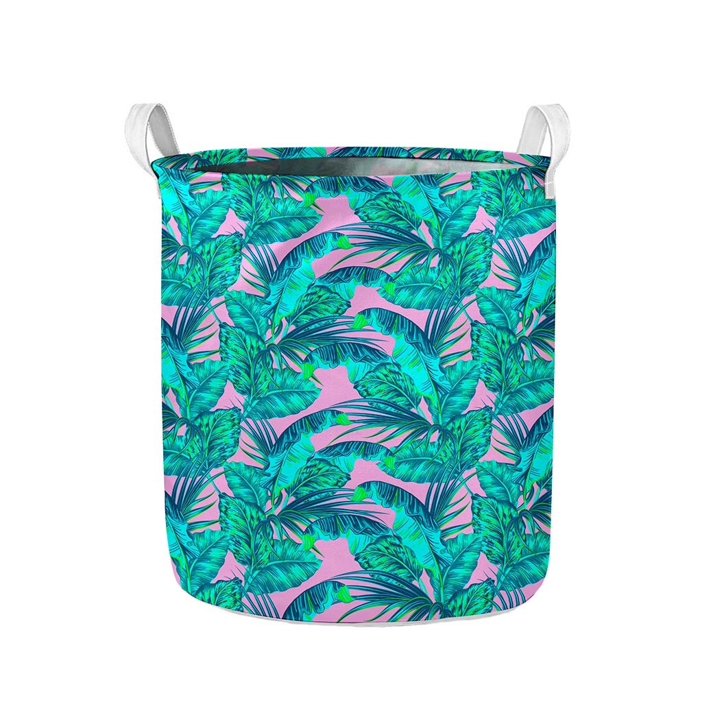 Pink Teal Tropical Leaf Pattern Print Collapsible Laundry Basket
