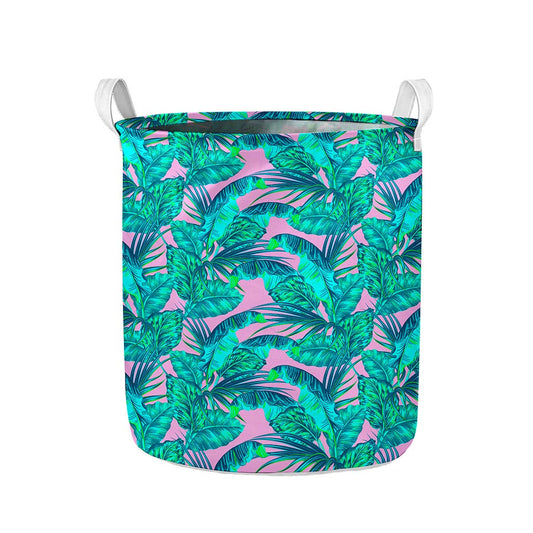 Pink Teal Tropical Leaf Pattern Print Collapsible Laundry Basket