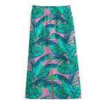 Pink Teal Tropical Leaf Pattern Print Cotton Front Slit Maxi Skirt