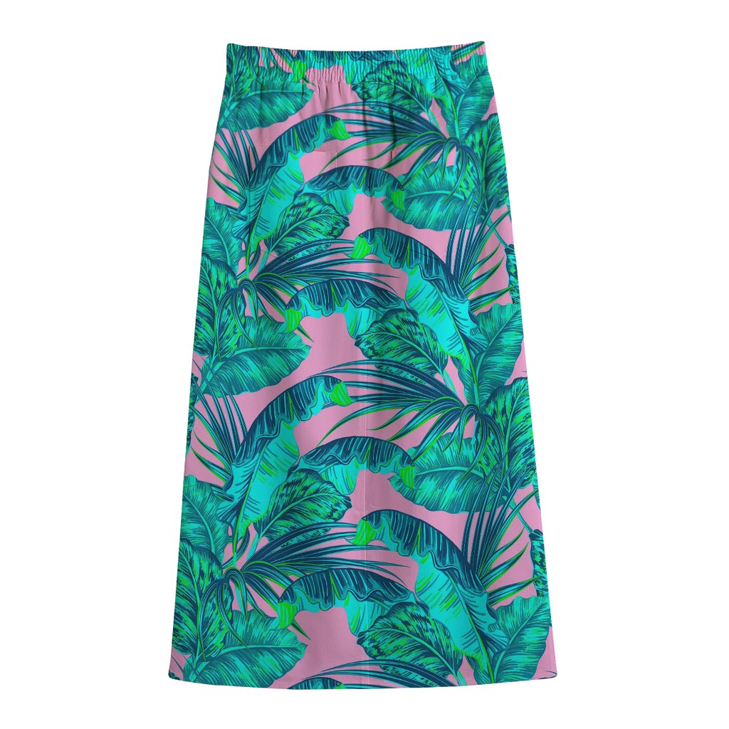 Pink Teal Tropical Leaf Pattern Print Cotton Front Slit Maxi Skirt