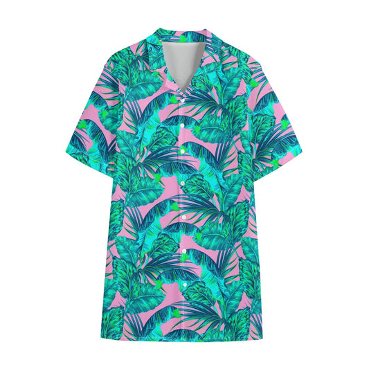 Pink Teal Tropical Leaf Pattern Print Cotton Hawaiian Shirt