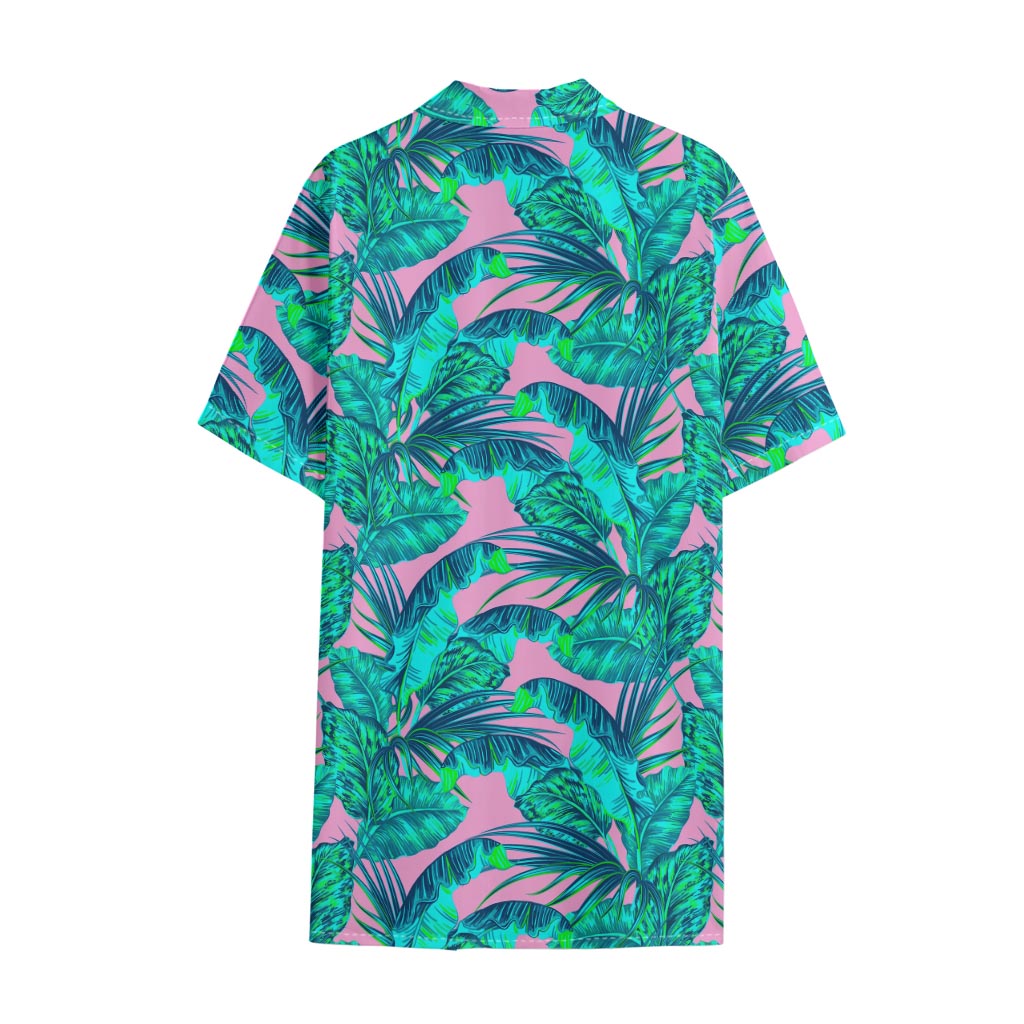 Pink Teal Tropical Leaf Pattern Print Cotton Hawaiian Shirt