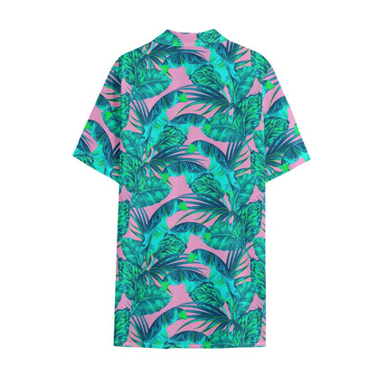 Pink Teal Tropical Leaf Pattern Print Cotton Hawaiian Shirt