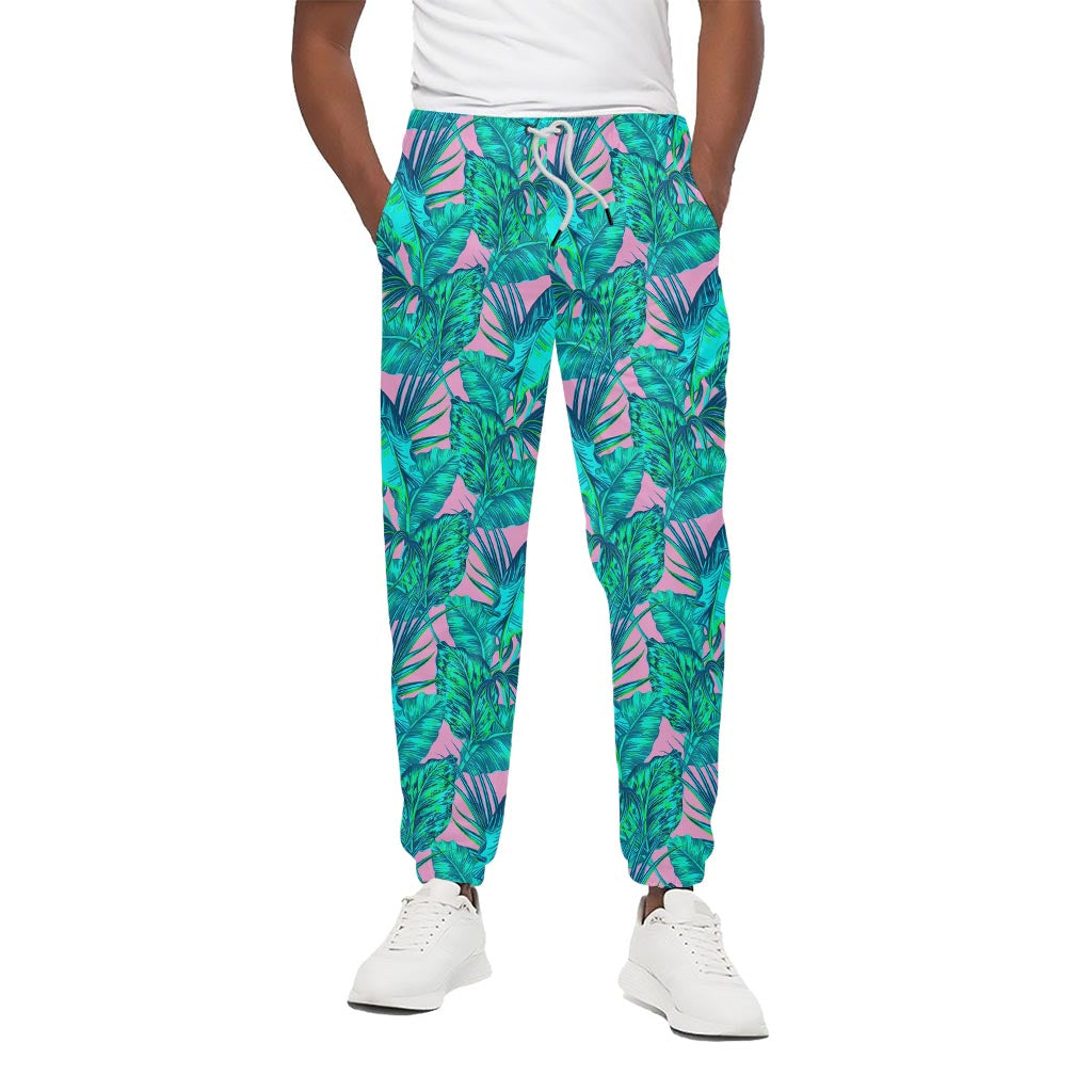 Pink Teal Tropical Leaf Pattern Print Cotton Pants