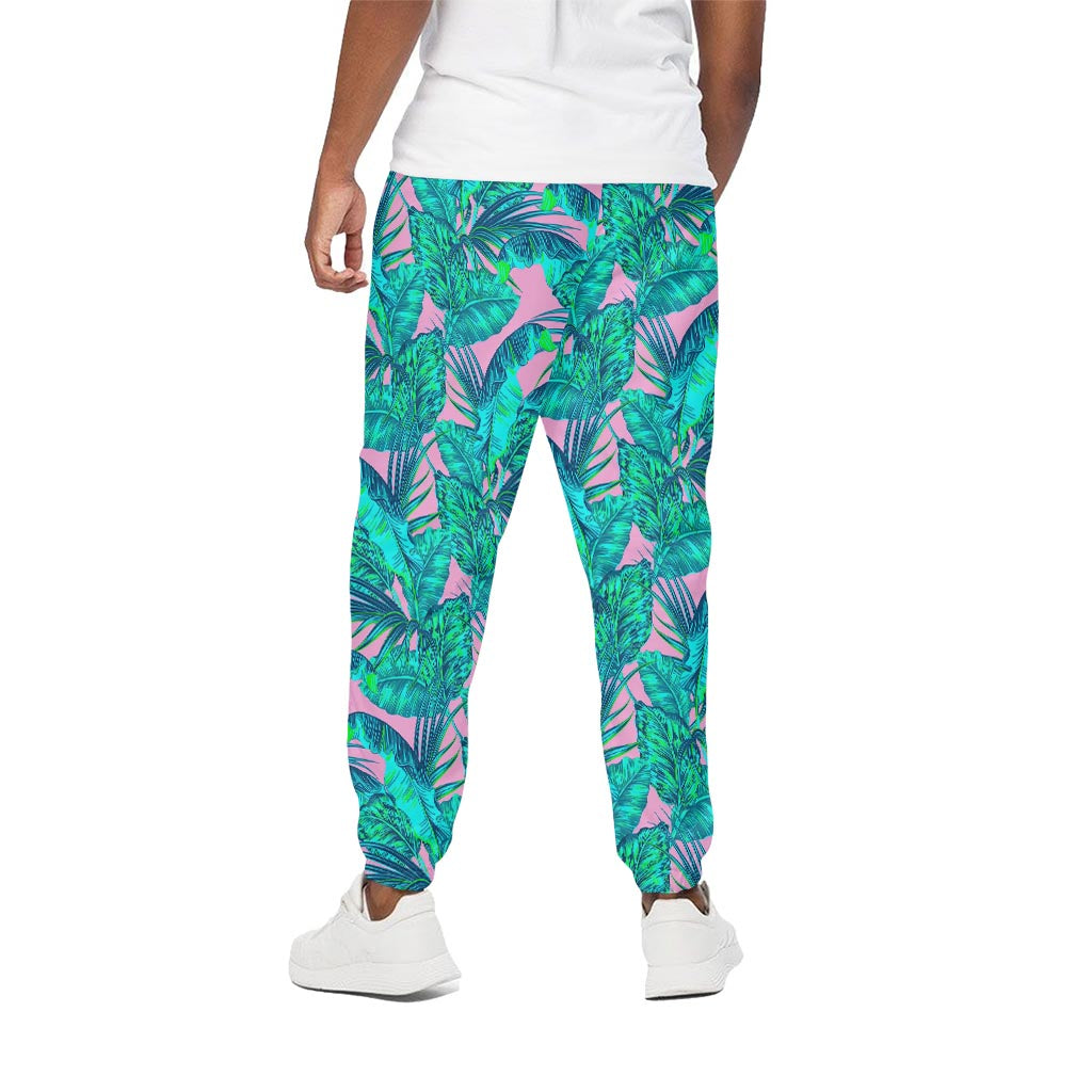 Pink Teal Tropical Leaf Pattern Print Cotton Pants